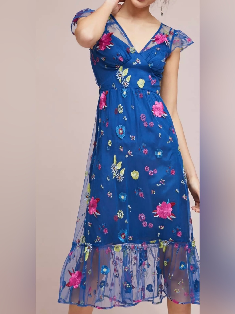 Anthropologie Royal Blue and Multicolor Embroidered Flowers Midi Dress - Size 8